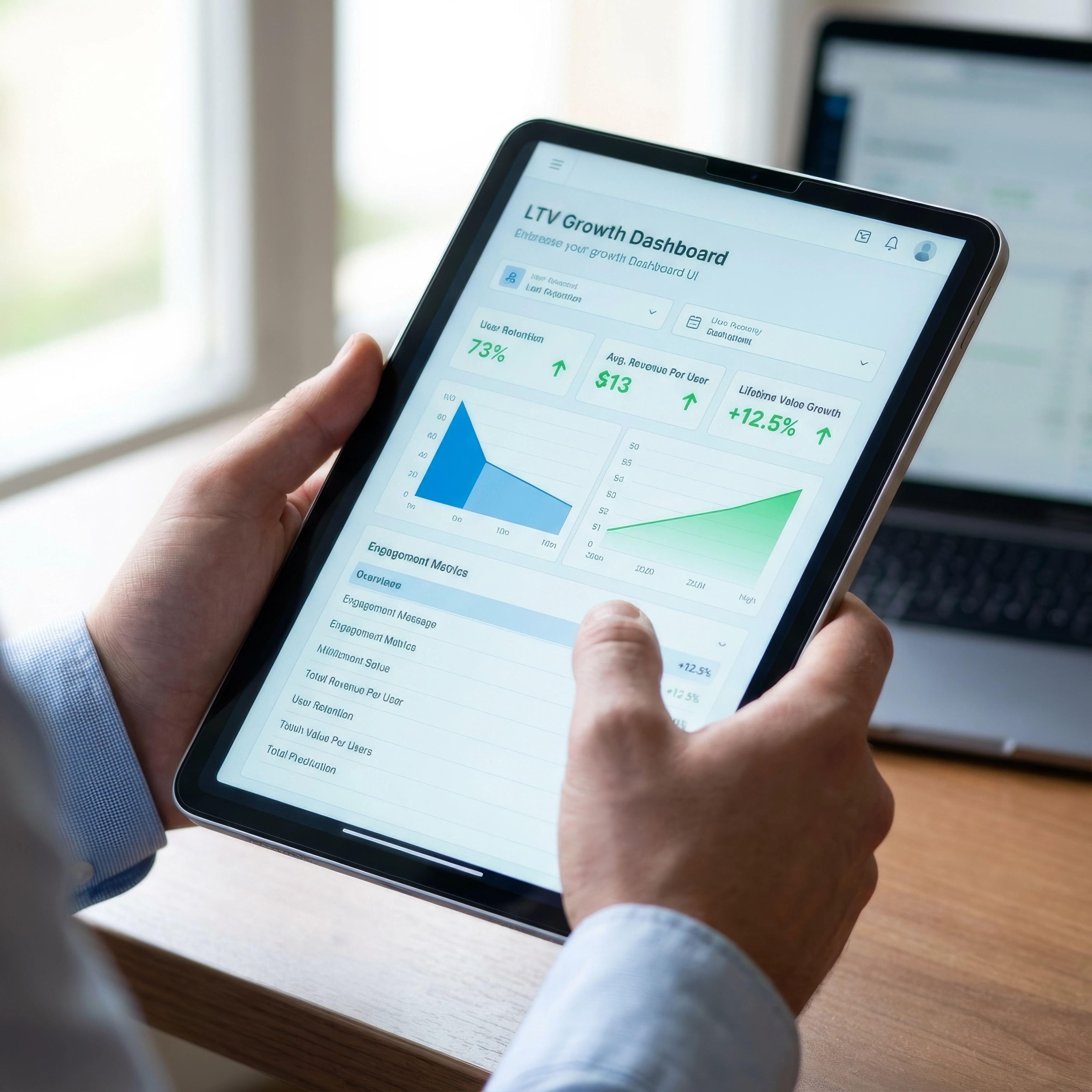 Close-up de dashboard de LTV em tablet.