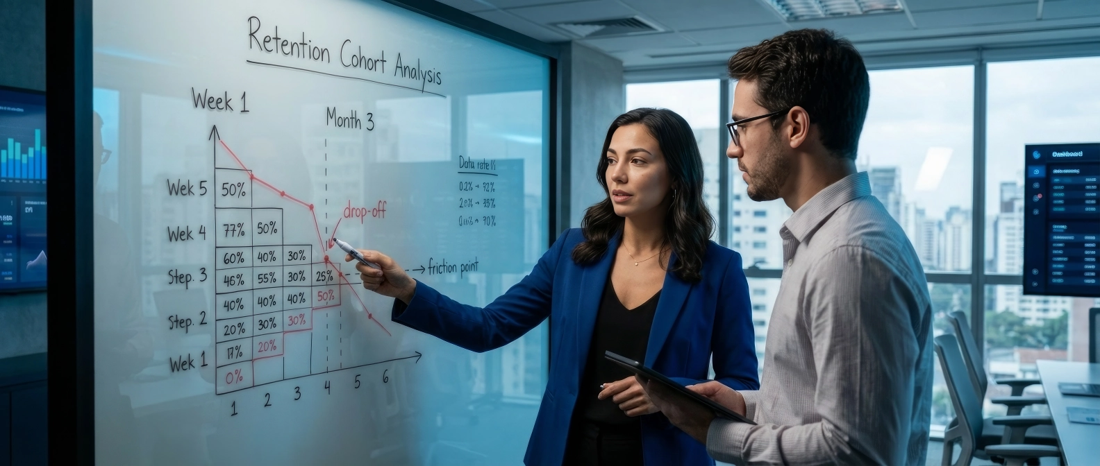 Equipe de growth analisando curva de retenção em war room.