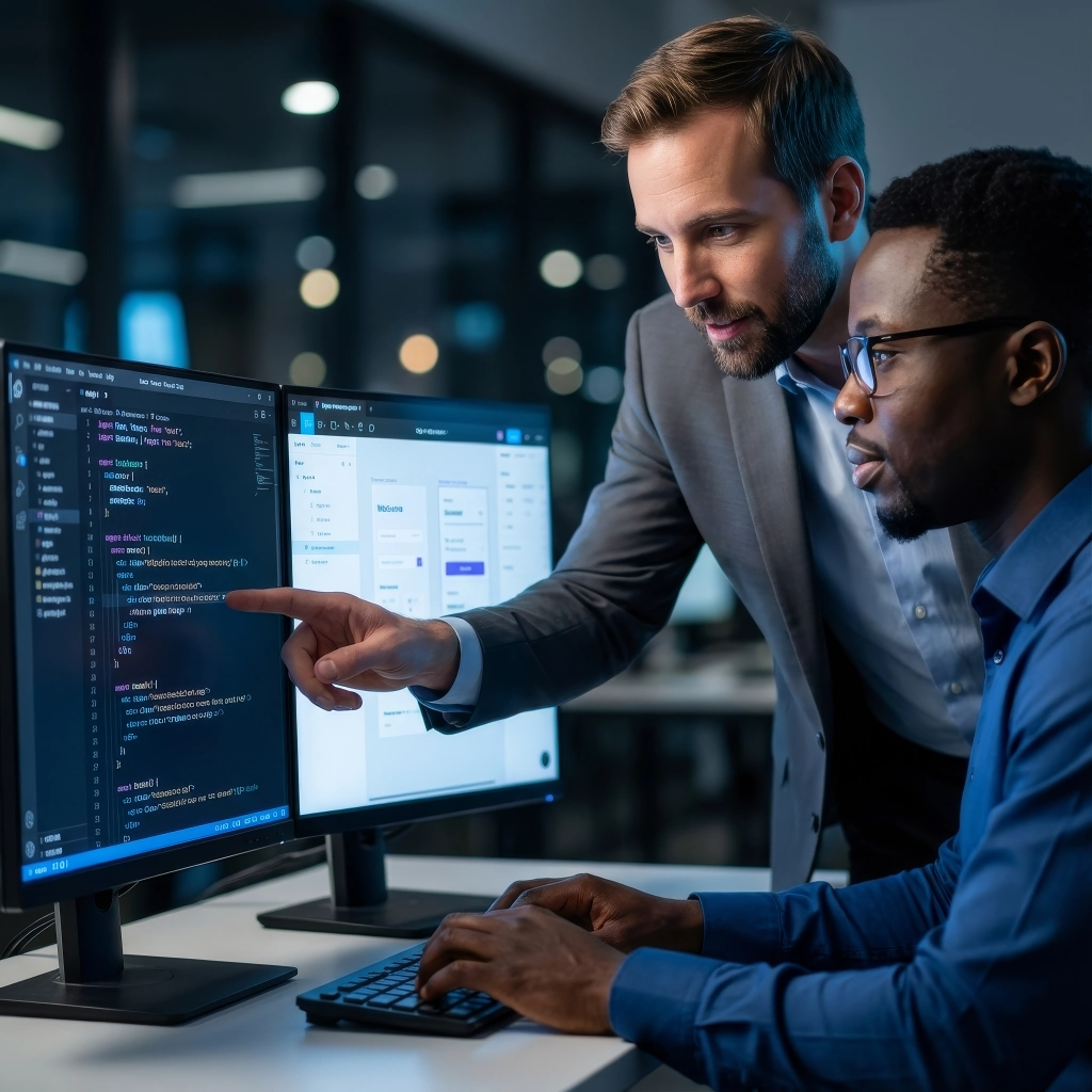 Equipe colaborando em um quadro branco com post-its.